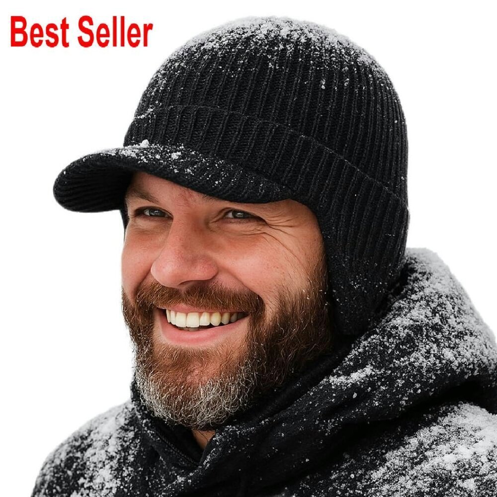Merino Wool Fleece Lined Beanie Waterproof Ski Cap Ear Flaps Brim